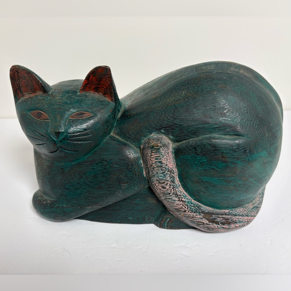 Vintage Wooden Large Carved Bluegreen Cat from Thailand